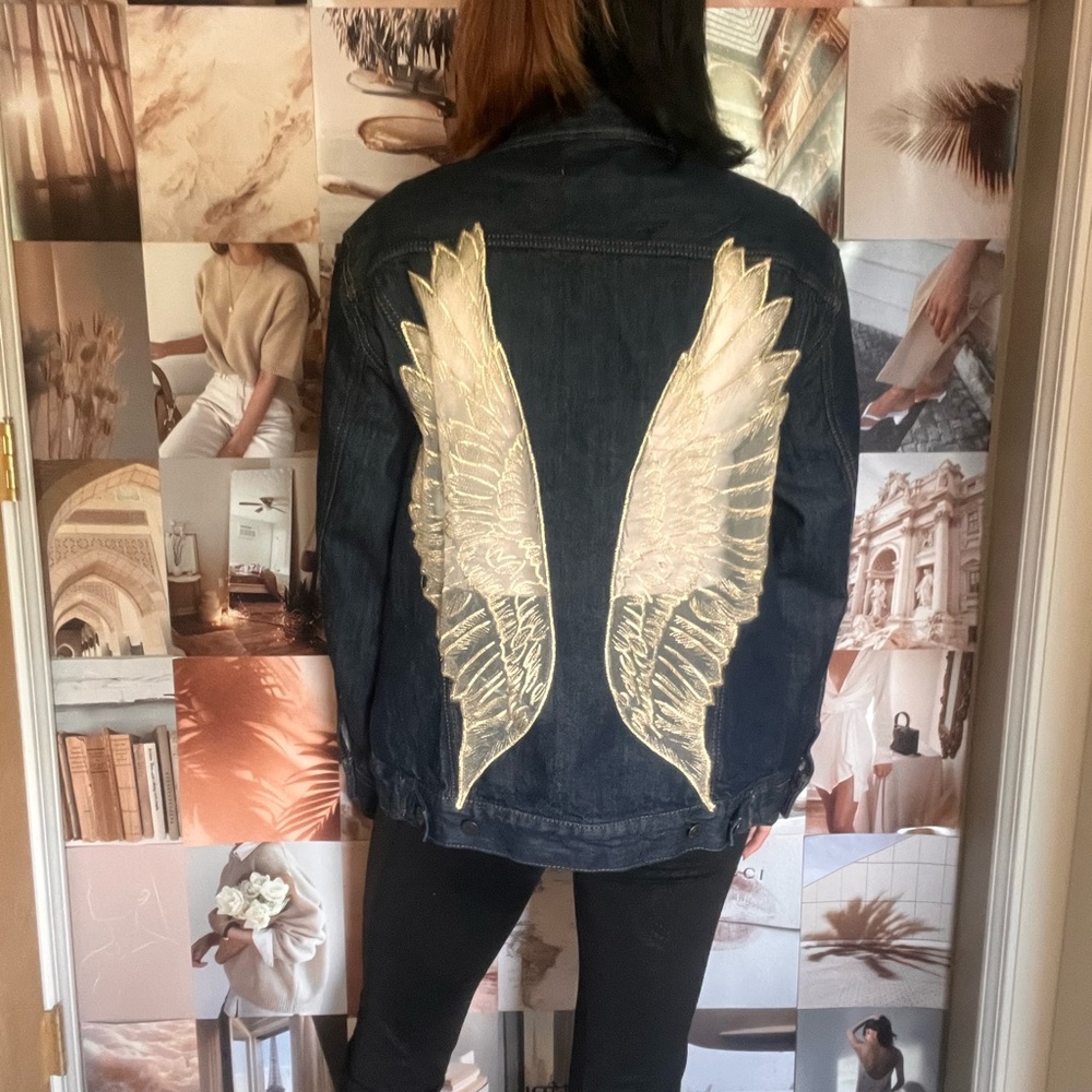 Men's Denim Jacket with Gold Wing Design - Picture 1 of 2